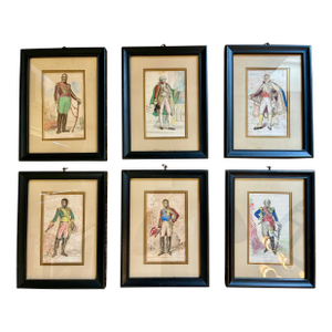 Mid 19th Century Set of 6 Antique Hand-Colored Lithographs of Napoleonic Generals in Military Costume, Framed