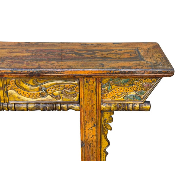 Vintage Chinese Orange Yellow Long Dragon Carving Console Table For Sale - Image 17 of 18