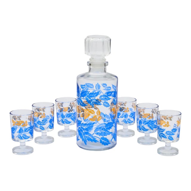 Mid 20th Century French Blue & Gold Leaf-Patterned Decanter & Glasses Set- 7 Pieces For Sale