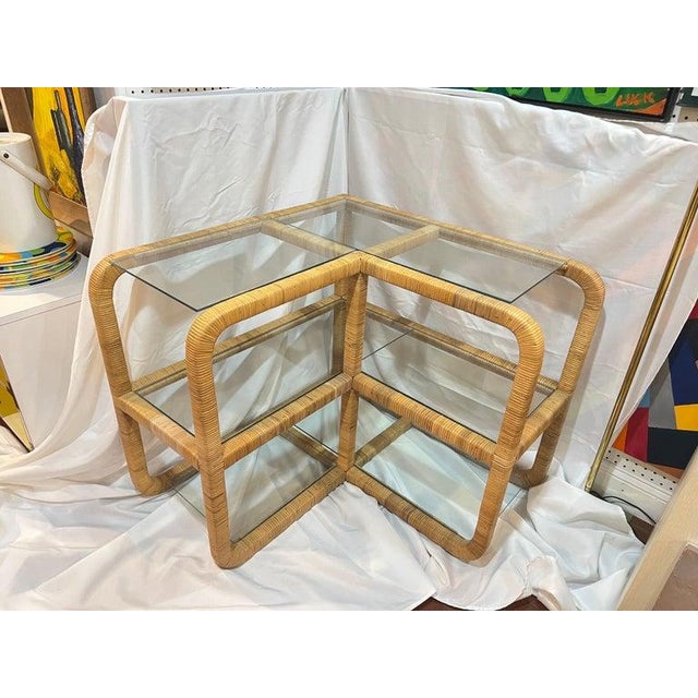 1970s 1970's Bielecky Brothers Wrapped Rattan and Glass Waterfall Corner Etagere For Sale - Image 5 of 14