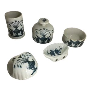 1970s French Hand Painted Swan Regency Bathroom Cup Wall Pocket Soap Dish Jewelry Box - Set of 5