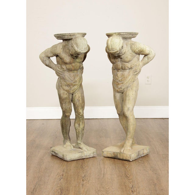 Neoclassical Vintage Pair Of Cast Stone 'Hercules' Figural Garden Statue Pedestals For Sale - Image 3 of 12
