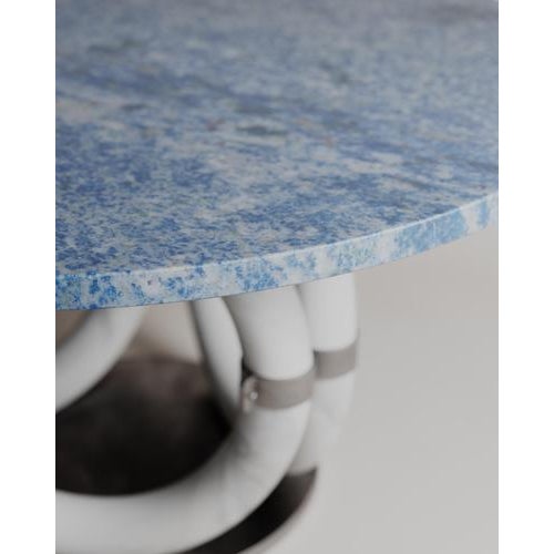 Blue Round Pink Marble and Bronze Lilly Dining Table by Esther Knopfler For Sale - Image 8 of 15