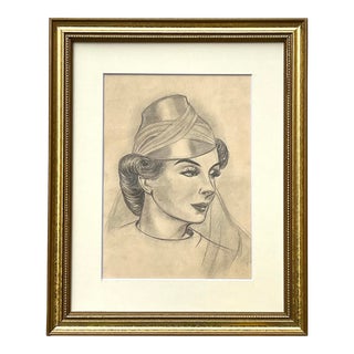 Vintage Original Art Deco Era Drawing Portrait of a Woman in Hat Hollywood Circa 1930s For Sale