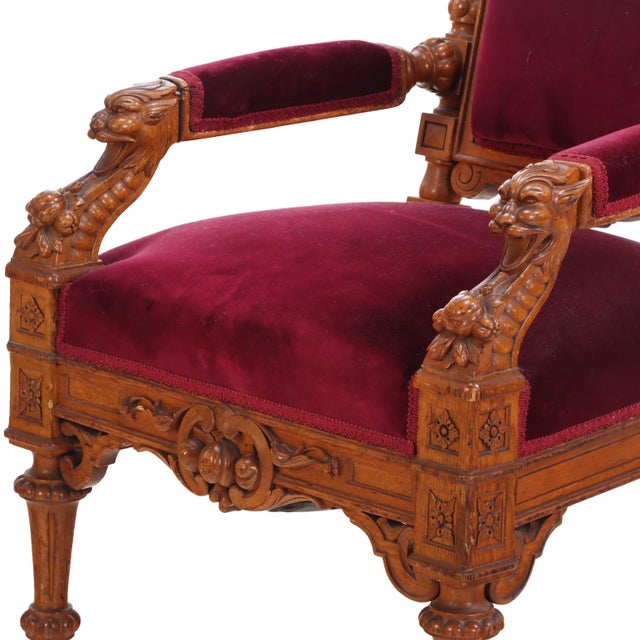 A Pair of Victorian Substantially Carved Oak Armchairs, C. 1870. For Sale - Image 4 of 6