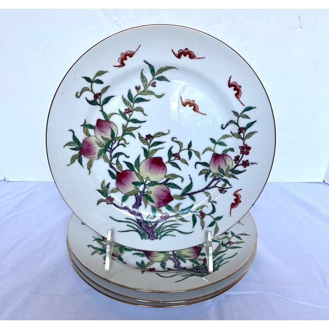 White Vintage Japanese Porcelain Famille Rose Peach & Bat Plates - Set of 4 (10.25") For Sale - Image 8 of 11