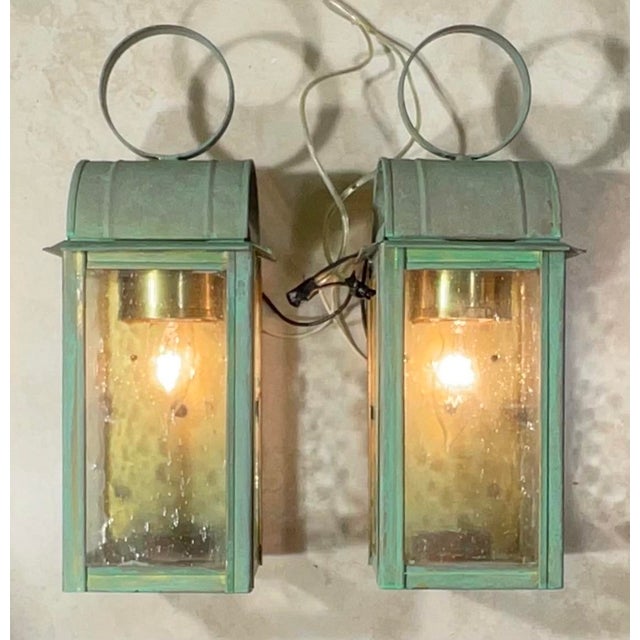2000 - 2009 Pair of Solid Brass Wall Sconces/Lanterns With Verdigris Patina For Sale - Image 5 of 17