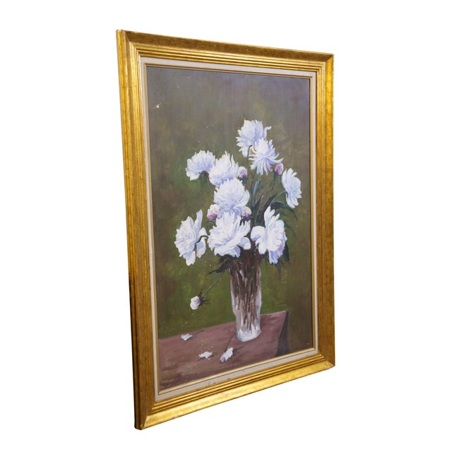 Realism Late 20th Century Bouquet of Purple Peony Flowers in a Glass Vase Still Life Oil Painting on Canvas 41" For Sale - Image 3 of 11