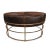 Round rich brown cow hide ottoman or coffee table with bronze gold finish iron frame. Each slightly unique in natural hide...