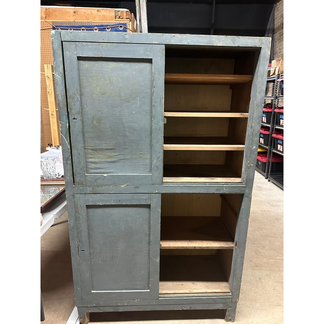 American Antique Primitive Cupboard Hutch in Original Blue-Gray Milk Paint – Circa 1830–1860 For Sale - Image 3 of 7