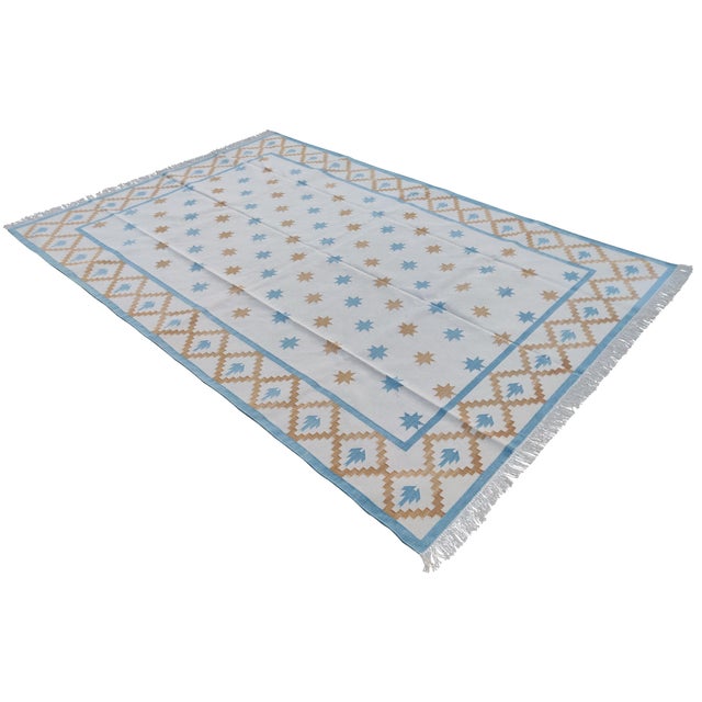Mid-Century Modern Handmade Cotton Vegetable Dyed White, Sky Blue and Tan Star and Gingham Rug - 9'x12' For Sale - Image 3 of 10