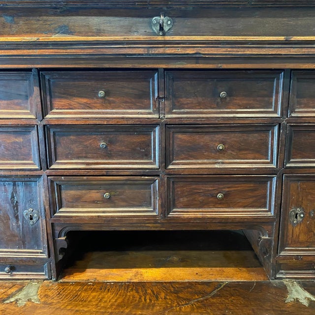 18th C Spanish Baroque Walnut Bargueno or Fall Front Writing Desk For Sale - Image 4 of 18