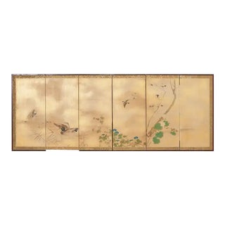 Japanese Meiji Period Six Panel Screen Ducks in Water Landscape For Sale