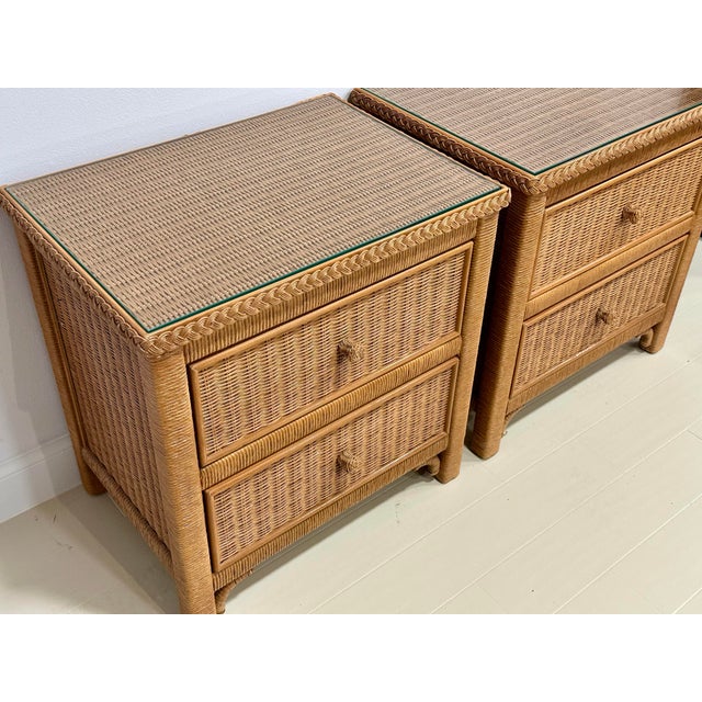 English Pair of Henry Link for Lexington Woven Rattan Nightstands With Glass Tops – British Colonial / Palm Beach Style For Sale - Image 3 of 10