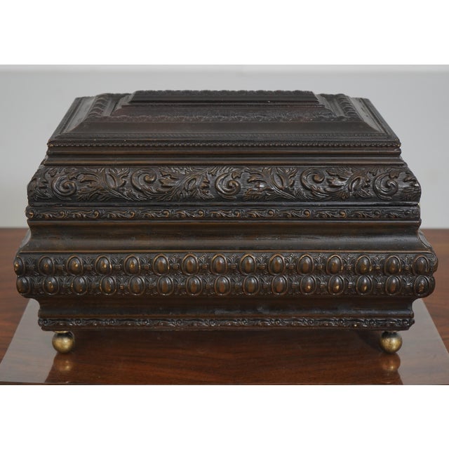 Age: Approx: 40 Years Old Details: Felt Lined Interior Fine Carved Details Brass Ball Feet & Hardware Ornate Carvings...