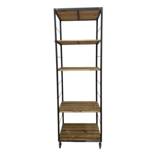 1970s Modern Industrial Tall Bookshelf - Black Metal & Wood Display Shelving Unit For Sale