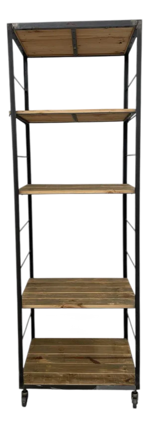 1970s Modern Industrial Tall Bookshelf - Black Metal & Wood Display Shelving Unit