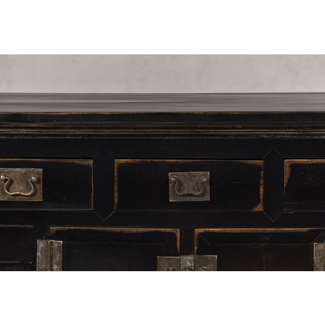 Black Lacquer Sideboard with Rubbed Edges, Brass Hardware, Doors and Drawers For Sale - Image 9 of 12