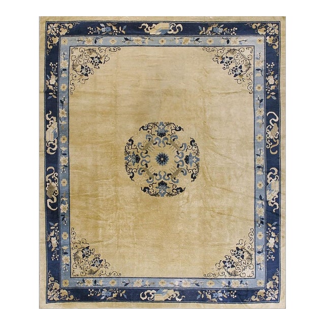 1920s Beige Field Floral Deco Medallion Antique Chinese Peking Rug 10' X 11'6'' For Sale