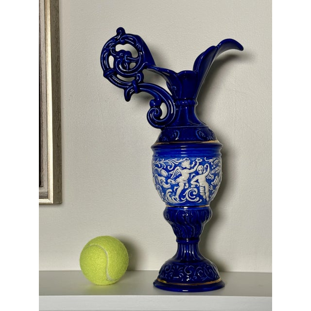 Baroque Baroque Embossed Cobalt Blue & Gold Ceramic Decorative Pitcher For Sale - Image 3 of 10