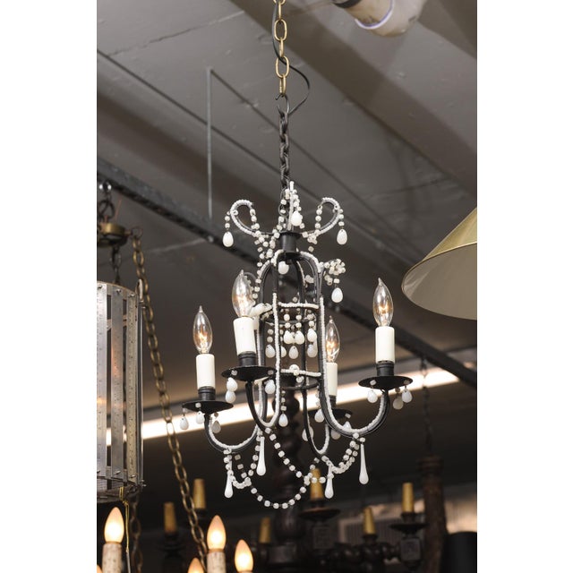 Petite 4-Light Iron & Opaline Glass Beaded Chandelier, 1940s Italy For Sale - Image 4 of 14