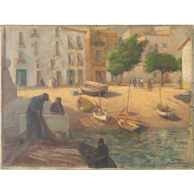 Spanish School, Mediterranean Fishing Village Harbor Coastal Landscape with Boats and Fishermen, 1910s, Oil on Canvas For Sale - Image 15 of 15