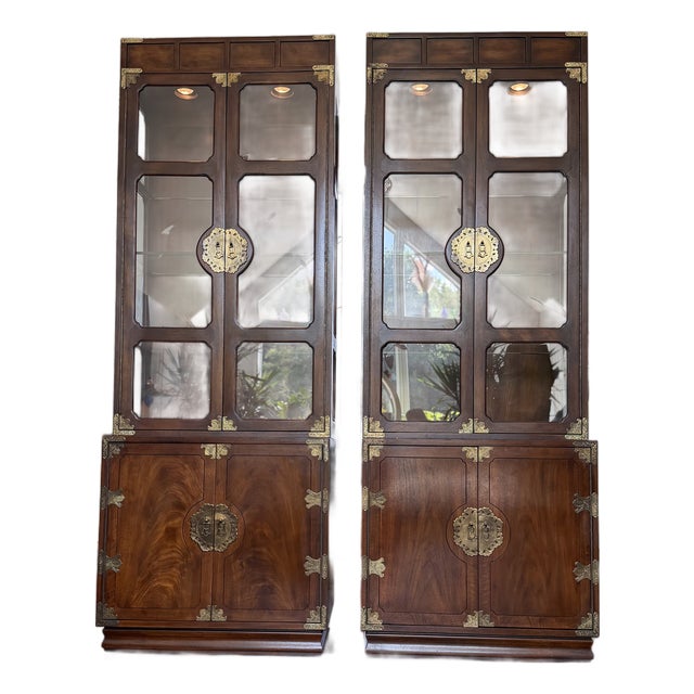 1970s Pair of Henredon Lighted Chinoiserie Mahogany Display Cabinets | Brass Campaign Hardware | 84"h For Sale