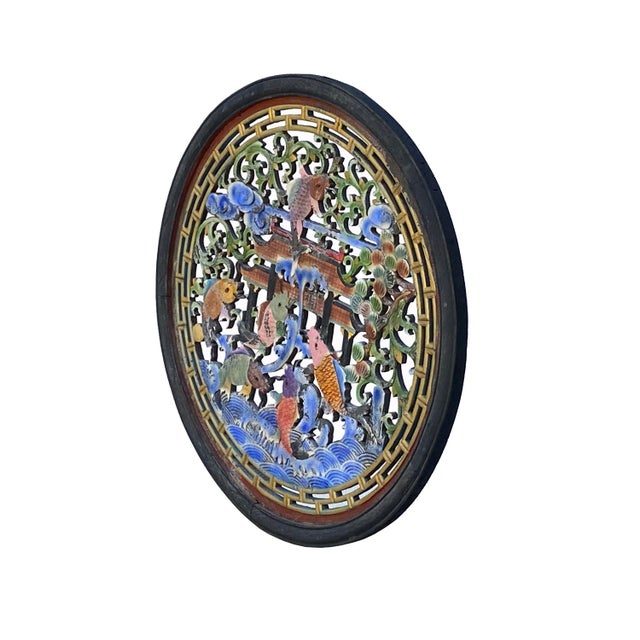 Chinese Chinese Matte Chalk Color Round Flower Fishes Wood Wall Panel For Sale - Image 3 of 6