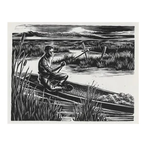 1950s Woodcut of Man in Boat