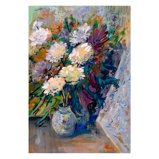 Gorgeous modern still-life of white Chyrsanthemums in vase by Jaroslav Pavlis (Czech, 1951-2002), c.1970s. This expressive...