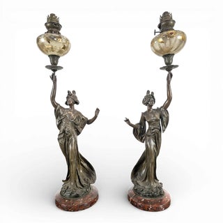 Art Nouveau Spelter Oil Lamps, Set of 2 For Sale