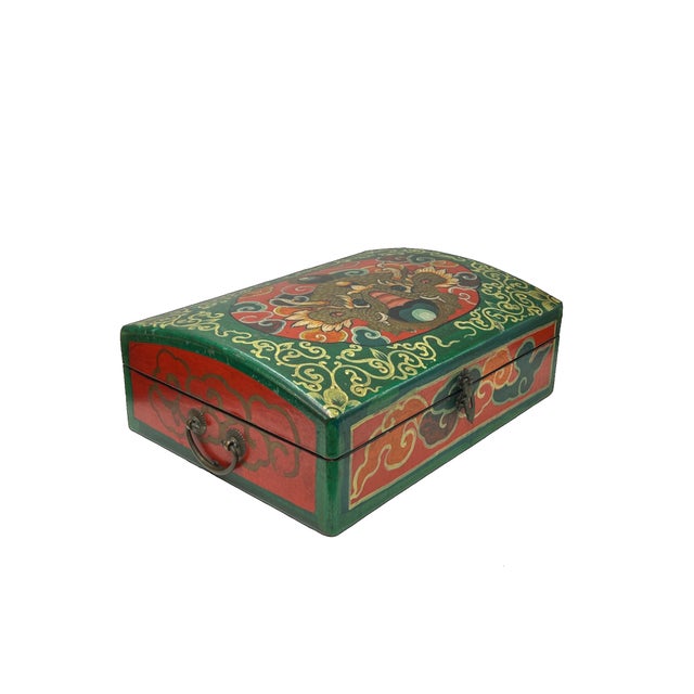 Oriental Rectangular Green Color Kirin Dragon Accent Box For Sale - Image 4 of 6