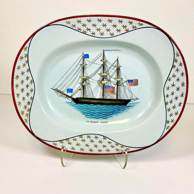 American 1976 Vintage Americana Nautical Coastal Mottahedeh Limited Edition Platter, U S Frigate Hornet Mast Ship For Sale - Image 3 of 17