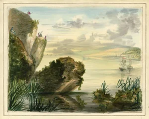Coastal View in India with Spearsmen, Early 19th Century, Watercolour