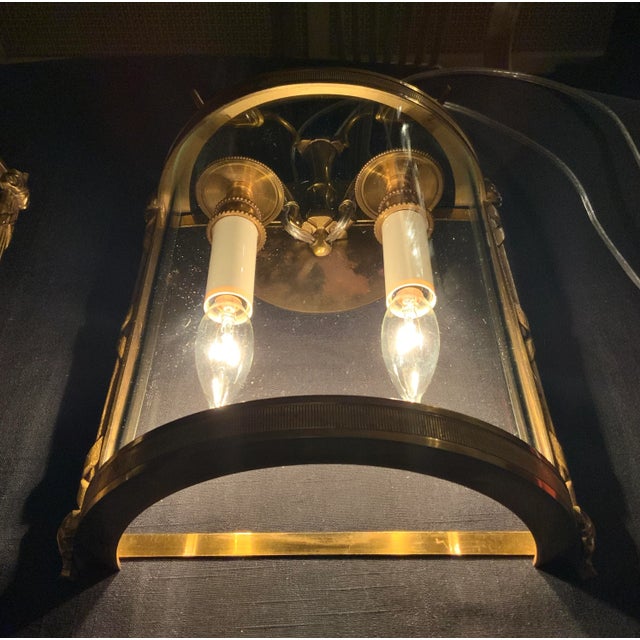 Pair of Mid 20th Century French Bronze Convex Half Lantern Wall Sconces, Louis XVI Ribbon & Reed For Sale - Image 9 of 10