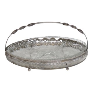 1960s Mayell Queen Anne Divided Glass Dish on Footed Silver Plated Handled Stand For Sale