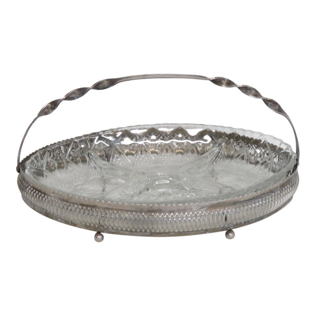 1960s Mayell Queen Anne Divided Glass Dish on Footed Silver Plated Handled Stand For Sale