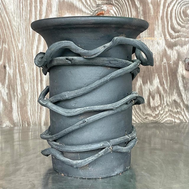 Vintage Boho Painted Studio Pottery Vase With Wrapped Vine For Sale - Image 4 of 7