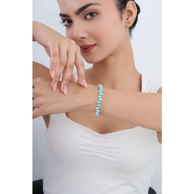 Turquoise 19.77ct Natural Turquoise Pear-Shaped Cabochon Tennis Bracelet 14k Yellow Gold For Sale - Image 8 of 16