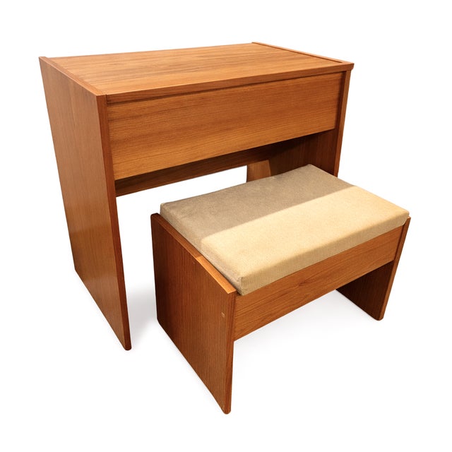 Mid-Century Modern Vintage Danish Teak Vanity Table With Upholstered Bench and Lift Top Mirror For Sale - Image 3 of 11