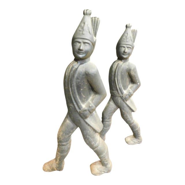 Pair of Hessian Soldier Cast Iron Fireplace Andirons 18th Century For Sale