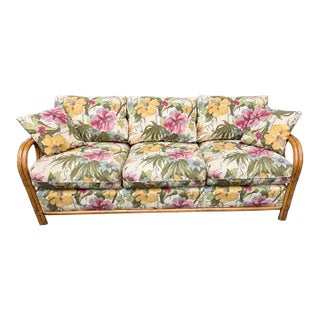 Contemporary Lane Venture Rattan Floral Sunroom Sofa For Sale