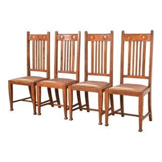 Stickley Brothers Style Antique English Arts & Crafts Carved Oak High Back Dining Chairs, Set of Four For Sale