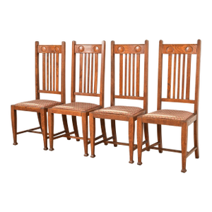 Stickley Brothers Style Antique English Arts & Crafts Carved Oak High Back Dining Chairs, Set of Four