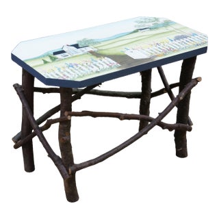 Late 20th Century Adirondack Rustic Twig Log Country Farmhouse Bench Stool Coffee Table 20" For Sale