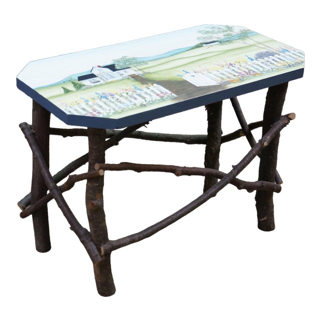 Late 20th Century Adirondack Rustic Twig Log Country Farmhouse Bench Stool Coffee Table 20" For Sale