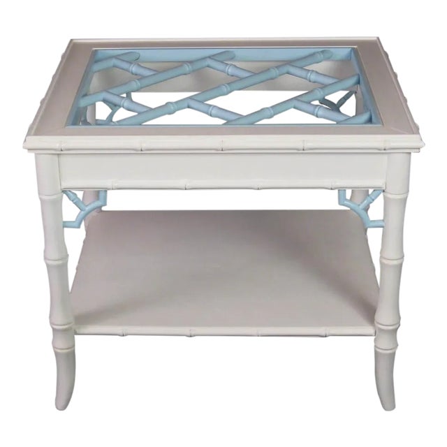 Faux Bamboo Side Table in Blue and White For Sale
