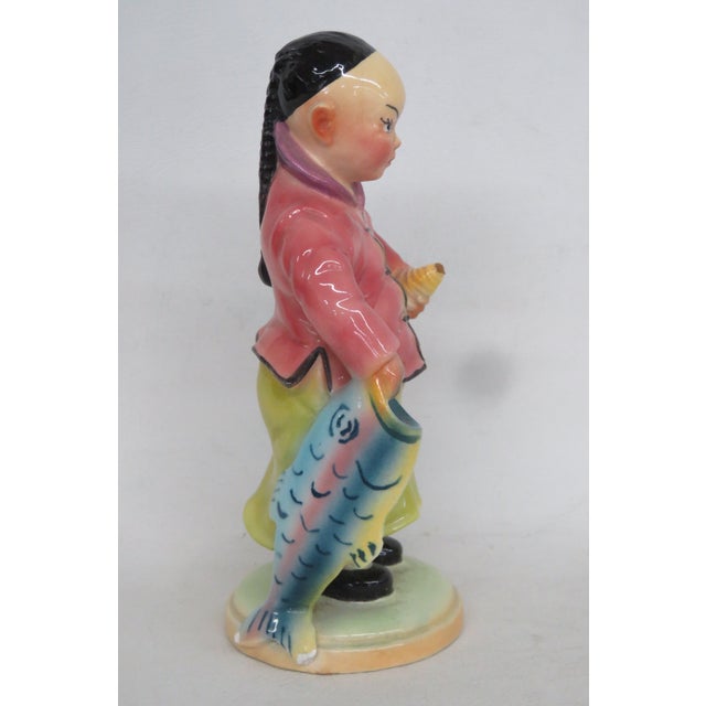 Brad Keeler Art Pottery Ceramic Figurine 601 Asian Boy in Robe With Fish 5025b For Sale - Image 11 of 15