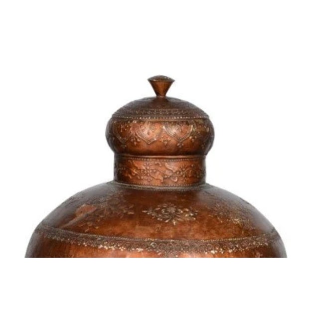 Large 35" Tall Handcrafted Antique Copper Vessel With Lid | Embossed Floral Metal Floor Vase | Rustic Indian Royal Statement Home Decor For Sale In Houston - Image 6 of 6