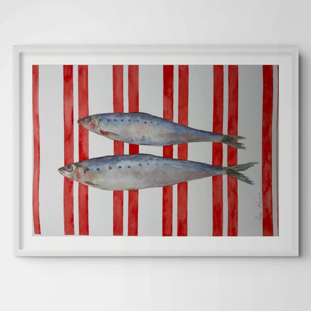“Sardinelles on Red” is a vibrant still life in which delicate fish are set against an expressive red background. I was...
